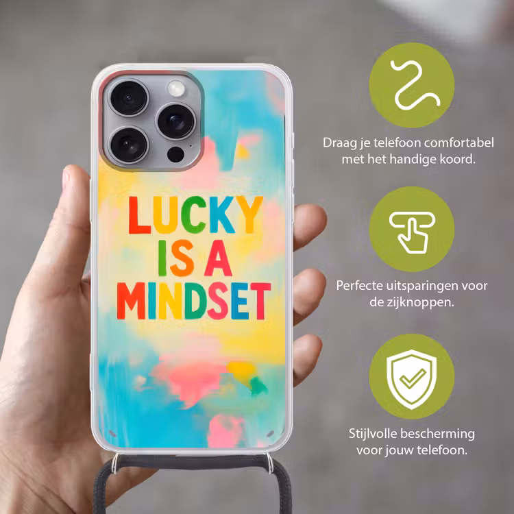 Quote - Lucky - Regenboogkleuren Hoesje iPhone 16 Pro Max met koord klein -sfeer2_NL
