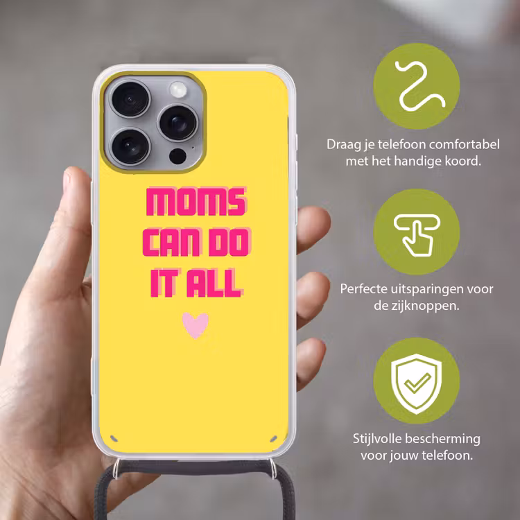 Quote - Moeder - Hartje - Roze Hoesje iPhone 16 Pro Max met koord klein -sfeer2_NL