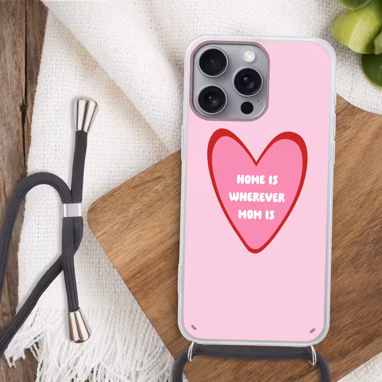 Quote - Moeder - Roze Hoesje iPhone 16 Pro Max met koord klein -sfeer4