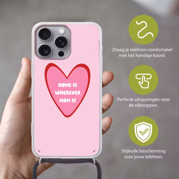 Quote - Moeder - Roze Hoesje iPhone 16 Pro Max met koord klein -sfeer2_NL