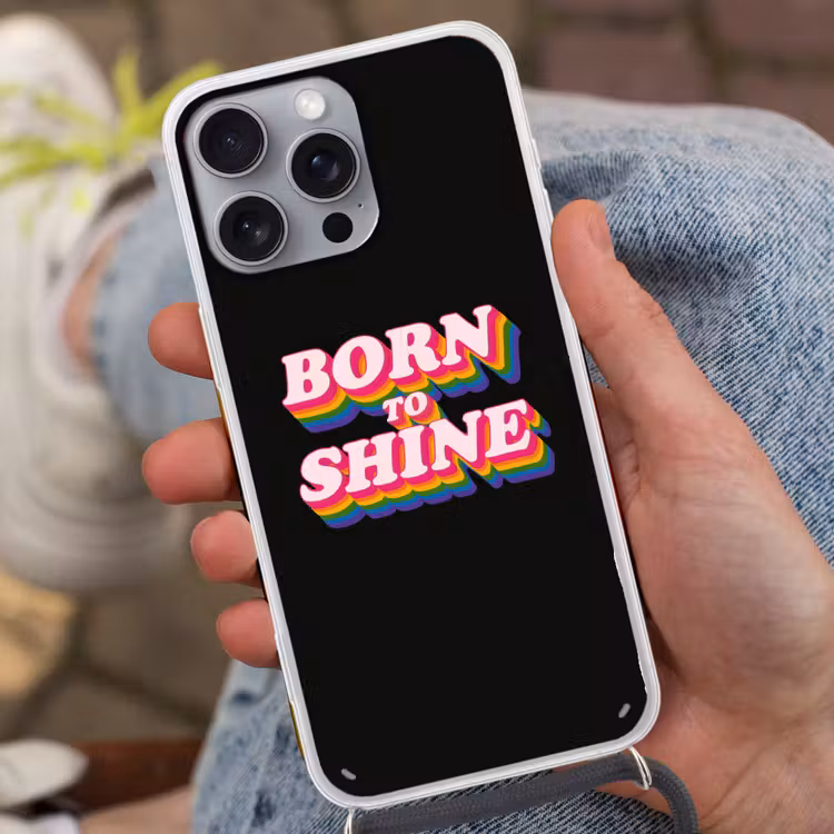 Quote - Regenboog - Roze - Zwart Hoesje iPhone 16 Pro Max met koord klein -sfeer3