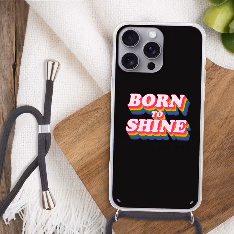 Quote - Regenboog - Roze - Zwart Hoesje iPhone 16 Pro Max met koord klein -sfeer4