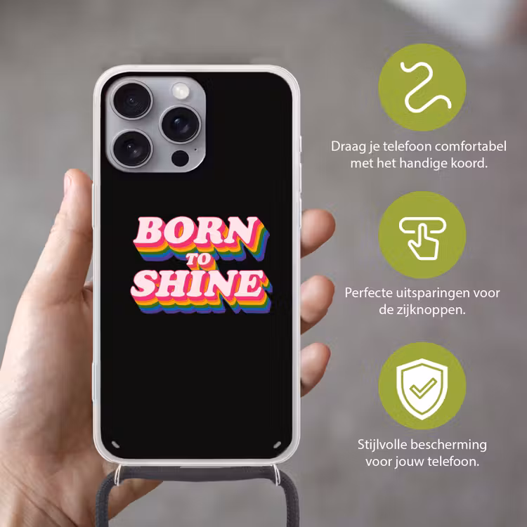Quote - Regenboog - Roze - Zwart Hoesje iPhone 16 Pro Max met koord klein -sfeer2_NL