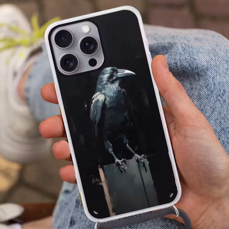 Raaf - Vogels - Zwart Hoesje iPhone 16 Pro Max met koord klein -sfeer3