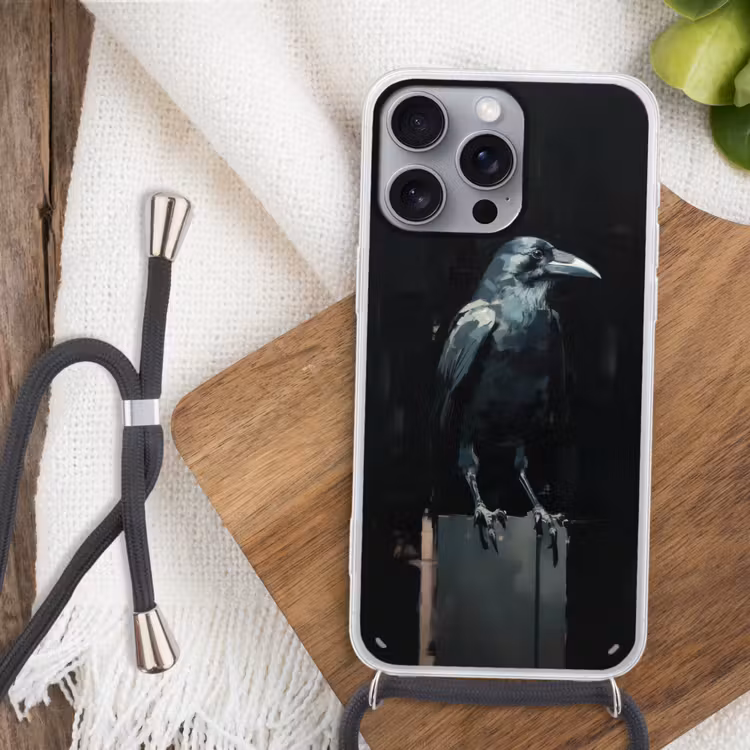 Raaf - Vogels - Zwart Hoesje iPhone 16 Pro Max met koord klein -sfeer4