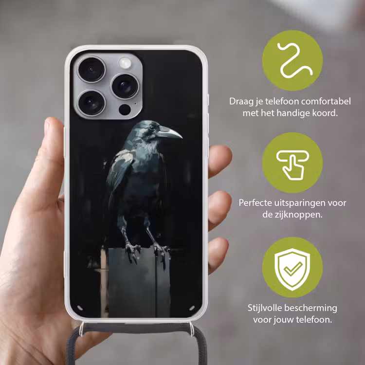 Raaf - Vogels - Zwart Hoesje iPhone 16 Pro Max met koord klein -sfeer2_NL