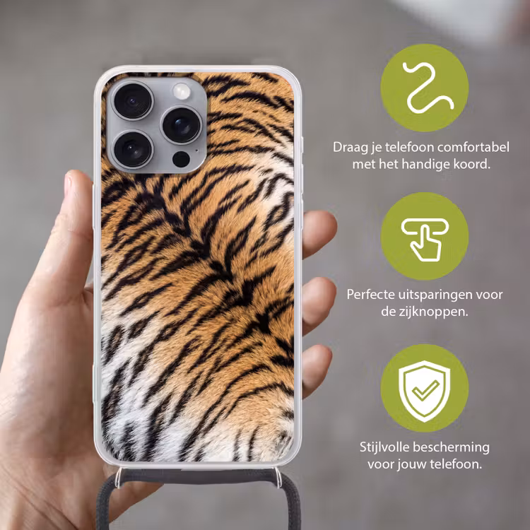 Realistisch - Tijgervacht - Zwart Hoesje iPhone 16 Pro Max met koord klein -sfeer2_NL