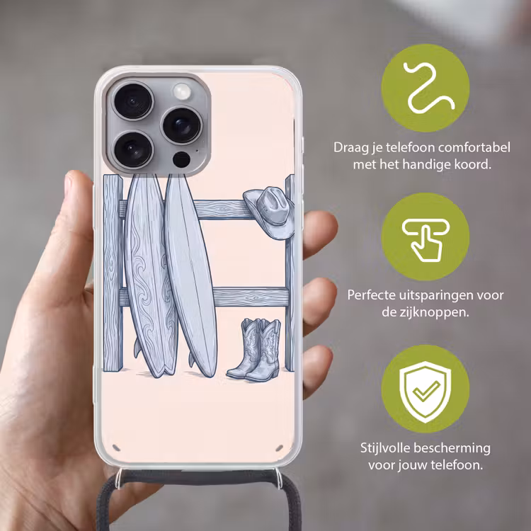 Recreatie - Kleding - Avontuur - Illustratie - Zomer Hoesje iPhone 16 Pro Max met koord klein -sfeer2_NL