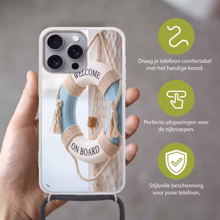 Reddingsboei - Maritiem - Welkom - Blauw - Wit Hoesje iPhone 16 Pro Max met koord klein -sfeer2_NL