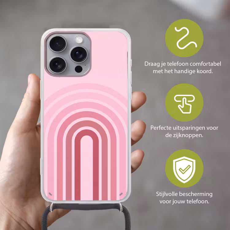 Regenboog - Roze - Abstract - Modern - Minimalistisch Hoesje iPhone 16 Pro Max met koord klein -sfeer2_NL