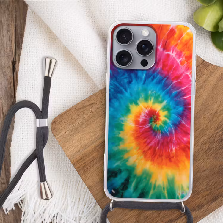 Regenboog - Tie dye - Kleurrijk - Blauw Hoesje iPhone 16 Pro Max met koord klein -sfeer4