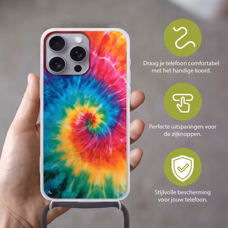 Regenboog - Tie dye - Kleurrijk - Blauw Hoesje iPhone 16 Pro Max met koord klein -sfeer2_NL