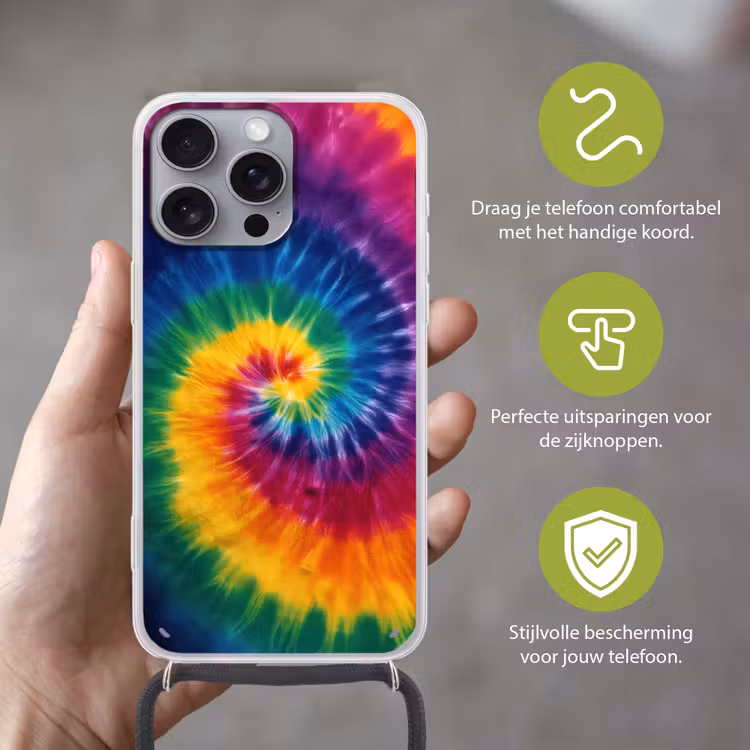 Regenboogkleuren - Spiraal - Kleurrijk Hoesje iPhone 16 Pro Max met koord klein -sfeer2_NL