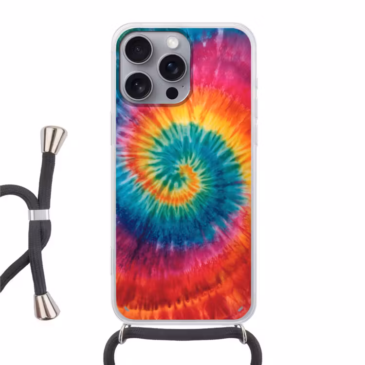 Regenboogkleuren - Tie dye - Hoesje iPhone 16 Pro Max met koord klein -3d