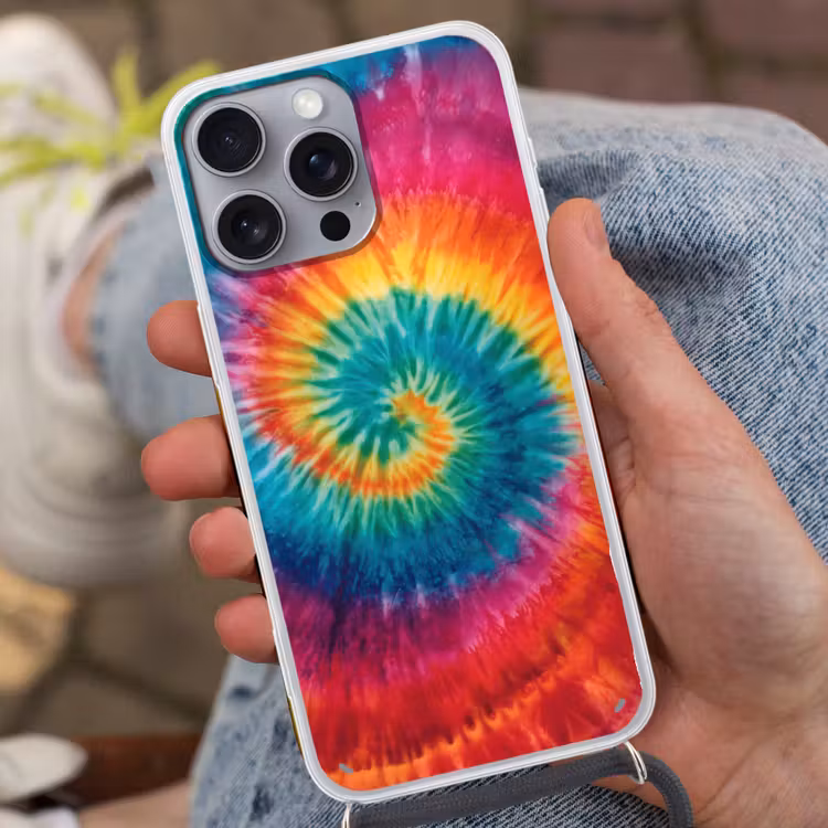 Regenboogkleuren - Tie dye - Hoesje iPhone 16 Pro Max met koord klein -sfeer3