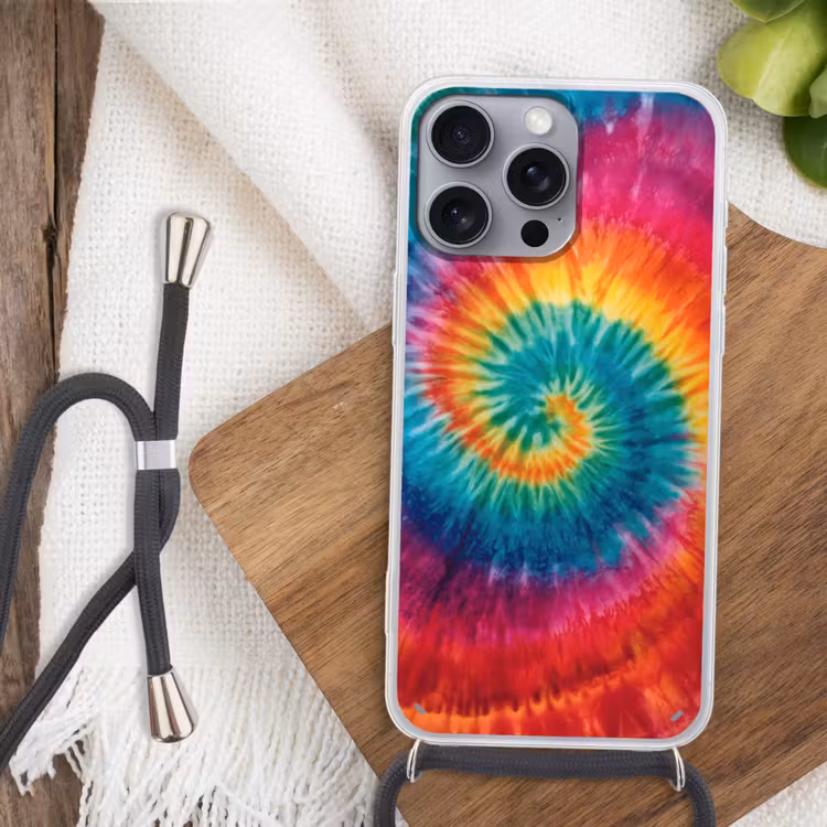 Regenboogkleuren - Tie dye - Hoesje iPhone 16 Pro Max met koord klein -sfeer4