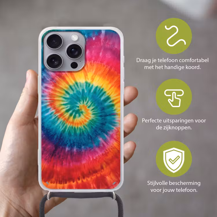 Regenboogkleuren - Tie dye - Hoesje iPhone 16 Pro Max met koord klein -sfeer2_NL