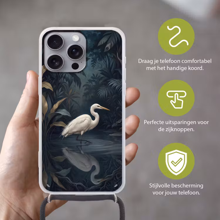 Reiger - Water - Natuur - Modern - Wit Hoesje iPhone 16 Pro Max met koord klein -sfeer2_NL