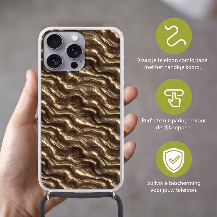 Reliëf - Golven - Abstract - Bronsgoud Hoesje iPhone 16 Pro Max met koord klein 804 -sfeer2_NL