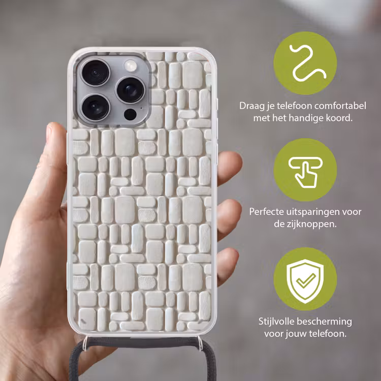Reliëf - Structuur - Wit Hoesje iPhone 16 Pro Max met koord klein 804 -sfeer2_NL