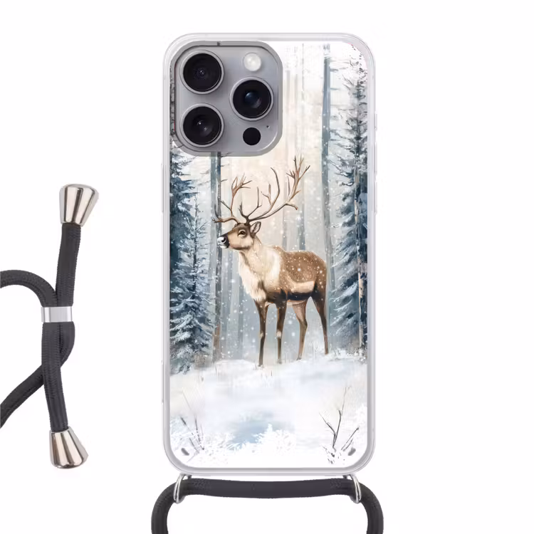 Rendier - Sneeuw - Woud - Wit Hoesje iPhone 16 Pro Max met koord klein -3d