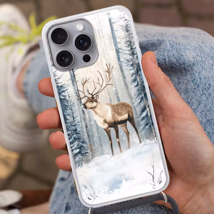 Rendier - Sneeuw - Woud - Wit Hoesje iPhone 16 Pro Max met koord klein -sfeer3