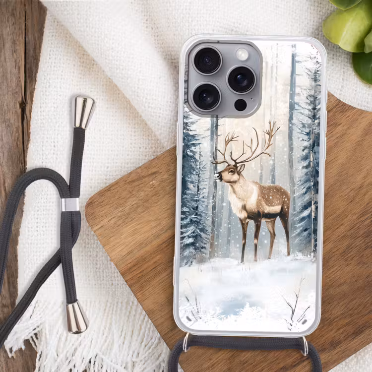 Rendier - Sneeuw - Woud - Wit Hoesje iPhone 16 Pro Max met koord klein -sfeer4