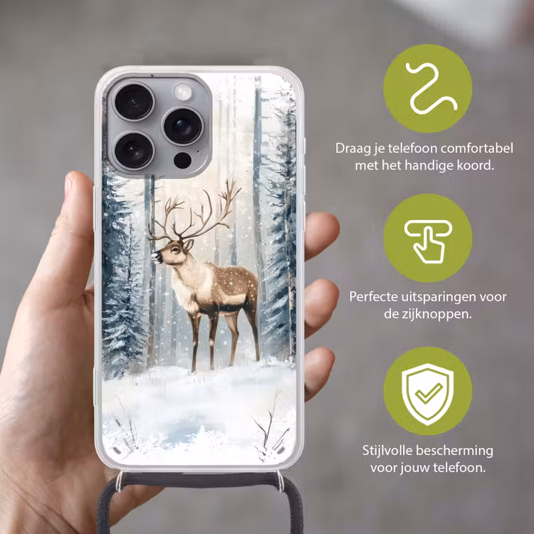 Rendier - Sneeuw - Woud - Wit Hoesje iPhone 16 Pro Max met koord klein -sfeer2_NL