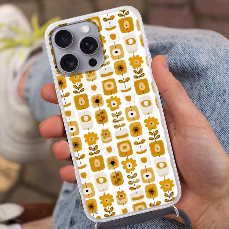 Retro - Abstract - Bloemen - Okergeel Hoesje iPhone 16 Pro Max met koord klein 804 -sfeer3
