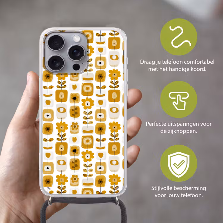 Retro - Abstract - Bloemen - Okergeel Hoesje iPhone 16 Pro Max met koord klein 804 -sfeer2_NL