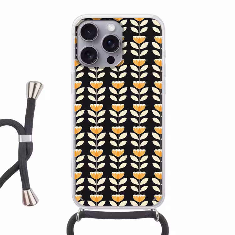 Retro - Bloem - Zwart - Okergeel Hoesje iPhone 16 Pro Max met koord klein 804 -3d