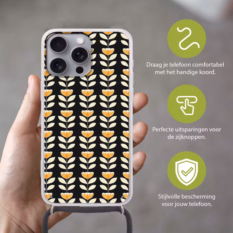 Retro - Bloem - Zwart - Okergeel Hoesje iPhone 16 Pro Max met koord klein 804 -sfeer2_NL