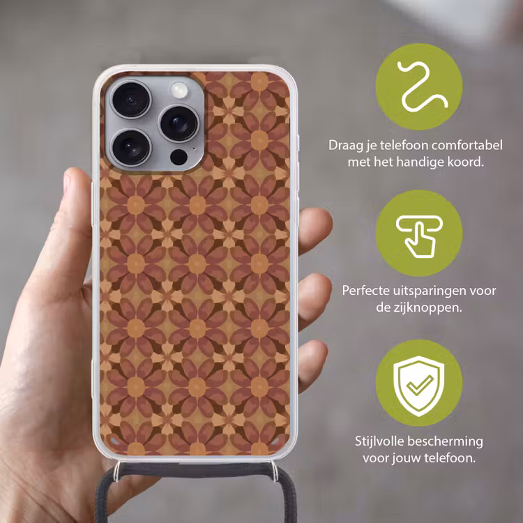 Retro - Bloemen - Bruin Hoesje iPhone 16 Pro Max met koord klein 804 -sfeer2_NL