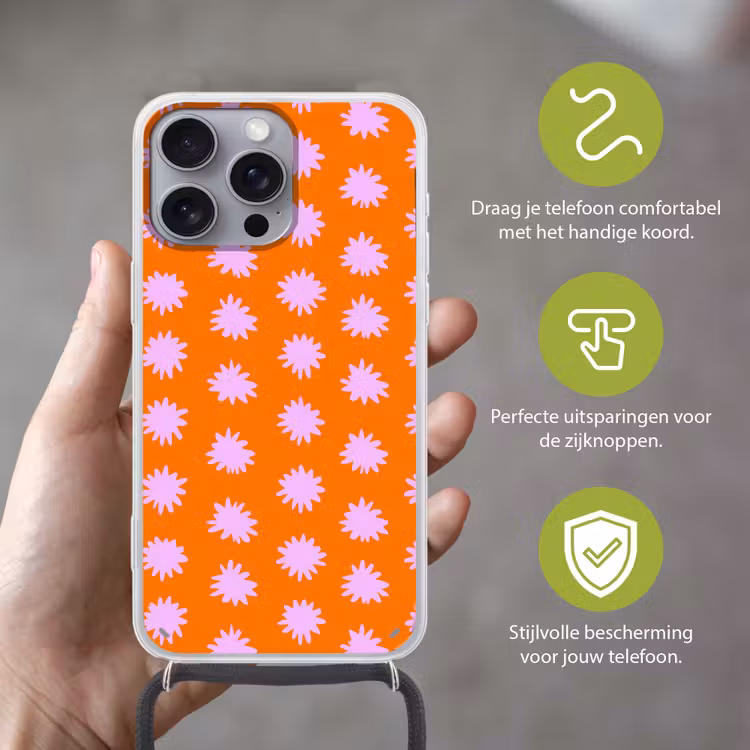 Retro - Bloemen - Oranje Hoesje iPhone 16 Pro Max met koord klein 804 -sfeer2_NL