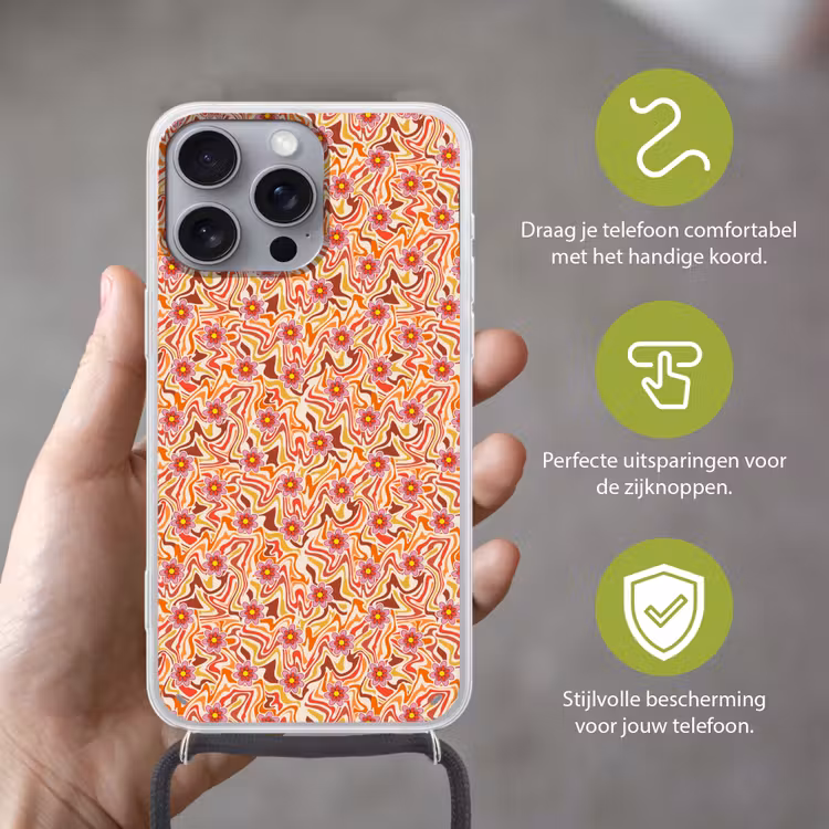 Retro - Bloemen - Patroon Hoesje iPhone 16 Pro Max met koord klein 804 -sfeer2_NL