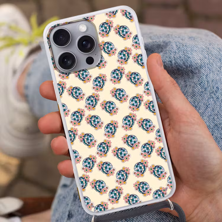 Retro - Disco - Bloemen - Discobal Hoesje iPhone 16 Pro Max met koord klein 804 -sfeer3