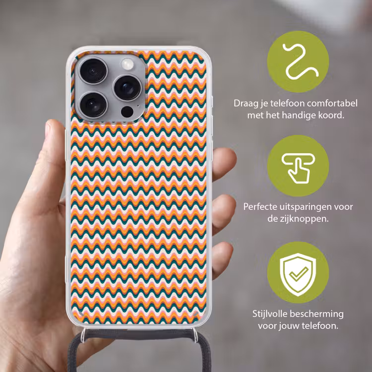 Retro - Disco - Golven - Kleur Hoesje iPhone 16 Pro Max met koord klein 804 -sfeer2_NL