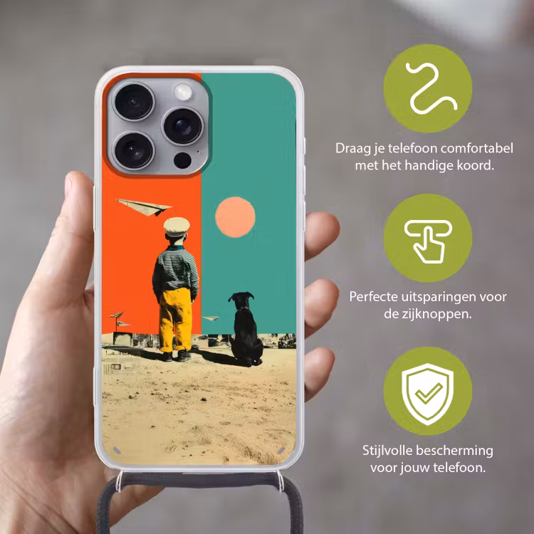Retro - Jongen - Hond - Rood - Groen Hoesje iPhone 16 Pro Max met koord klein -sfeer2_NL