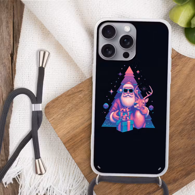 Retro - Kerstman - Rendieren - Kerstboom Hoesje iPhone 16 Pro Max met koord klein -sfeer4