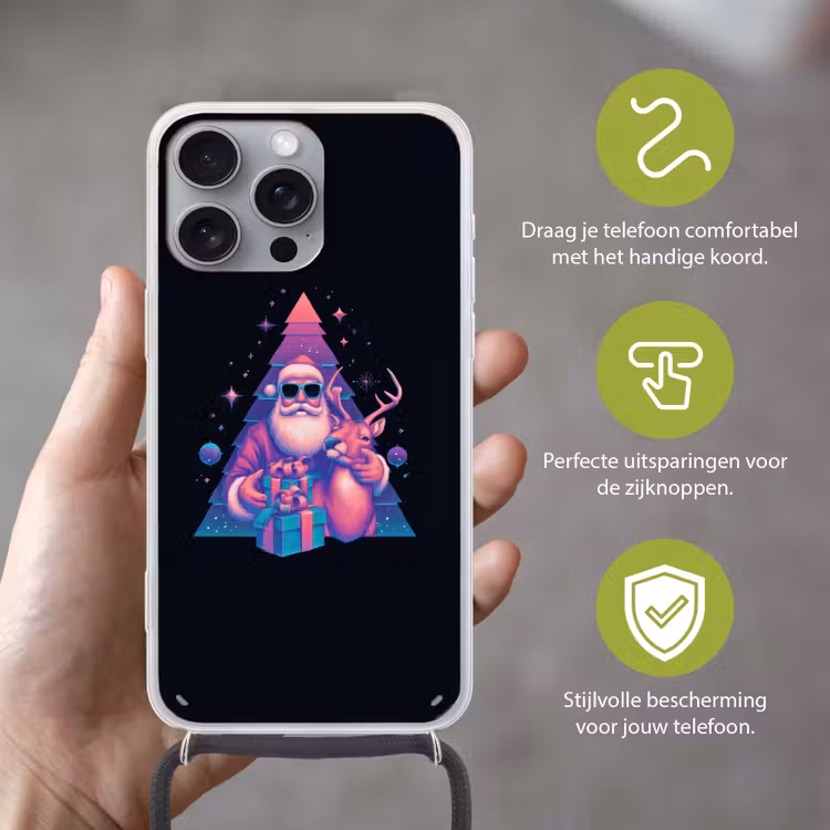 Retro - Kerstman - Rendieren - Kerstboom Hoesje iPhone 16 Pro Max met koord klein -sfeer2_NL