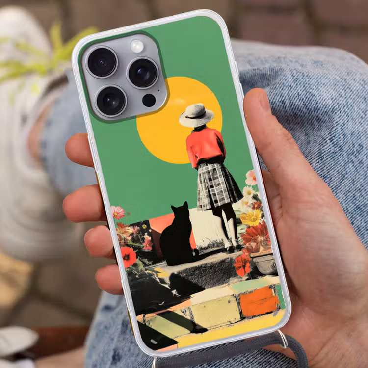Retro - Meisje - Kat - Zon Hoesje iPhone 16 Pro Max met koord klein -sfeer3