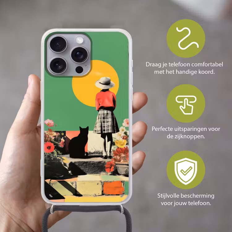 Retro - Meisje - Kat - Zon Hoesje iPhone 16 Pro Max met koord klein -sfeer2_NL