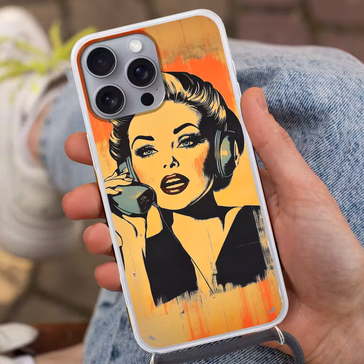Retro - Vrouw - Koptelefoon - Oranje Hoesje iPhone 16 Pro Max met koord klein -sfeer3