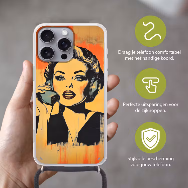 Retro - Vrouw - Koptelefoon - Oranje Hoesje iPhone 16 Pro Max met koord klein -sfeer2_NL