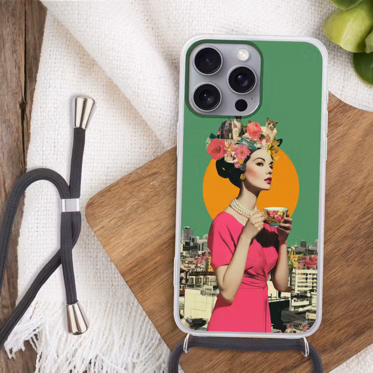Retro - Vrouw - Stad - Zon Hoesje iPhone 16 Pro Max met koord klein -sfeer4