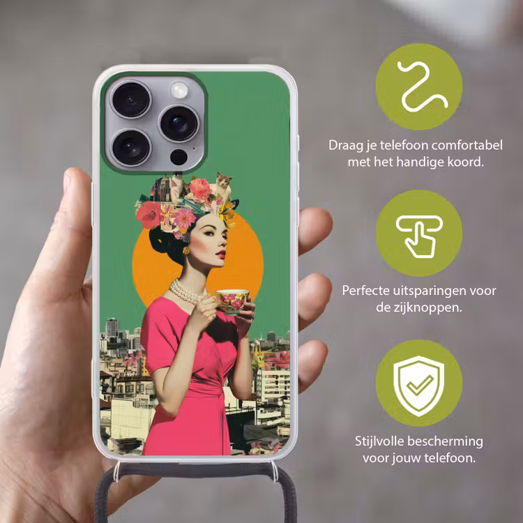 Retro - Vrouw - Stad - Zon Hoesje iPhone 16 Pro Max met koord klein -sfeer2_NL