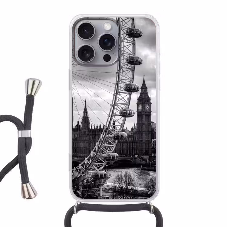 Reuzenrad - Klokkentoren - Architectuur - Zwart-wit - Stad Hoesje iPhone 16 Pro Max met koord klein -3d