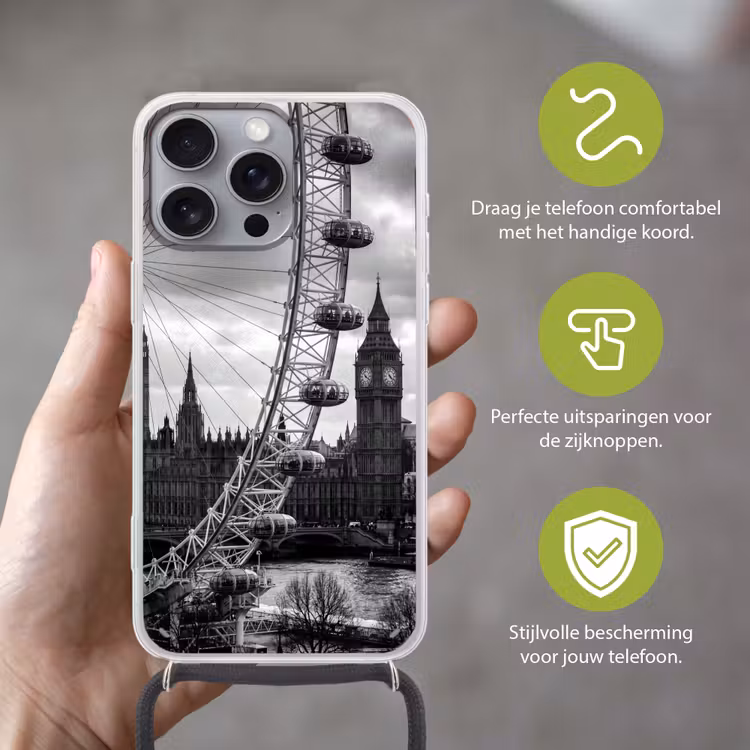 Reuzenrad - Klokkentoren - Architectuur - Zwart-wit - Stad Hoesje iPhone 16 Pro Max met koord klein -sfeer2_NL