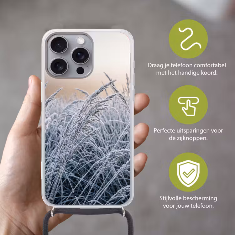 Rijp - Gras - Kristallen - Winter - Minimalistisch Hoesje iPhone 16 Pro Max met koord klein -sfeer2_NL