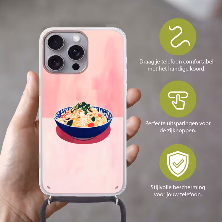 Rijst - Illustratie - Kom - Groente Hoesje iPhone 16 Pro Max met koord klein -sfeer2_NL
